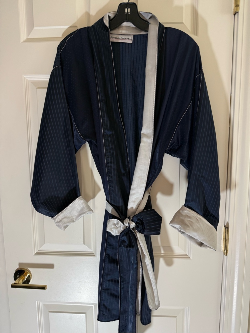 Silk-Blend Navy Pinstripe Satin Robe with Ivory Trim